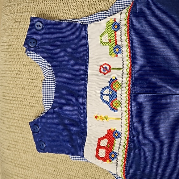 Anavini Hand Smocked Corduroy Romper Vehicles 3 Mo Cotton - Picture 3 of 8